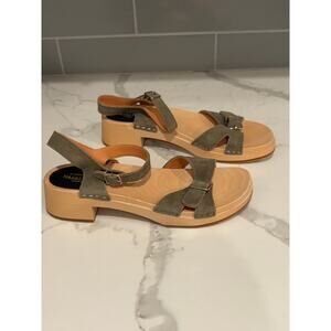 Swedish‎ Hasbeens Olive Green Suede Wooden Clog Sandals Size 39 Low Block Heel